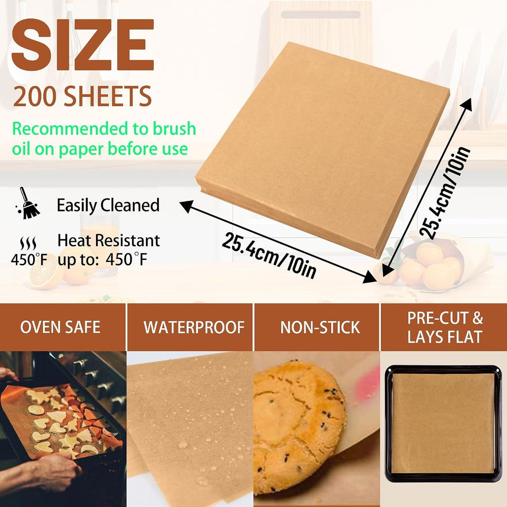 10x10 Inch Parchment Paper Sheets 200 Pcs, Unbleached Non-Stick