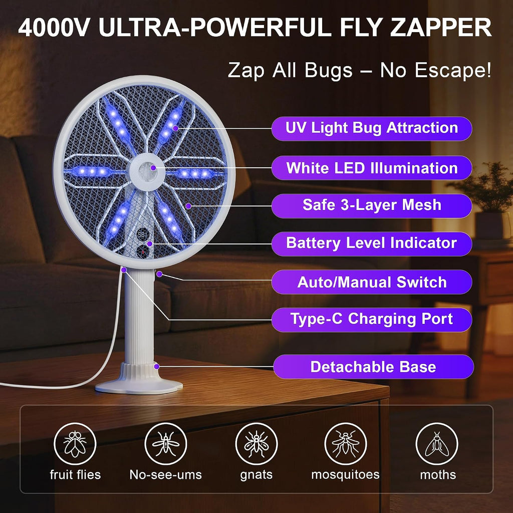 Rotating Head Electric Fly Swatter with 16–40" Telescopic Handle, 4000V | 2-in-1 UV USB Rechargeable Bug Zapper