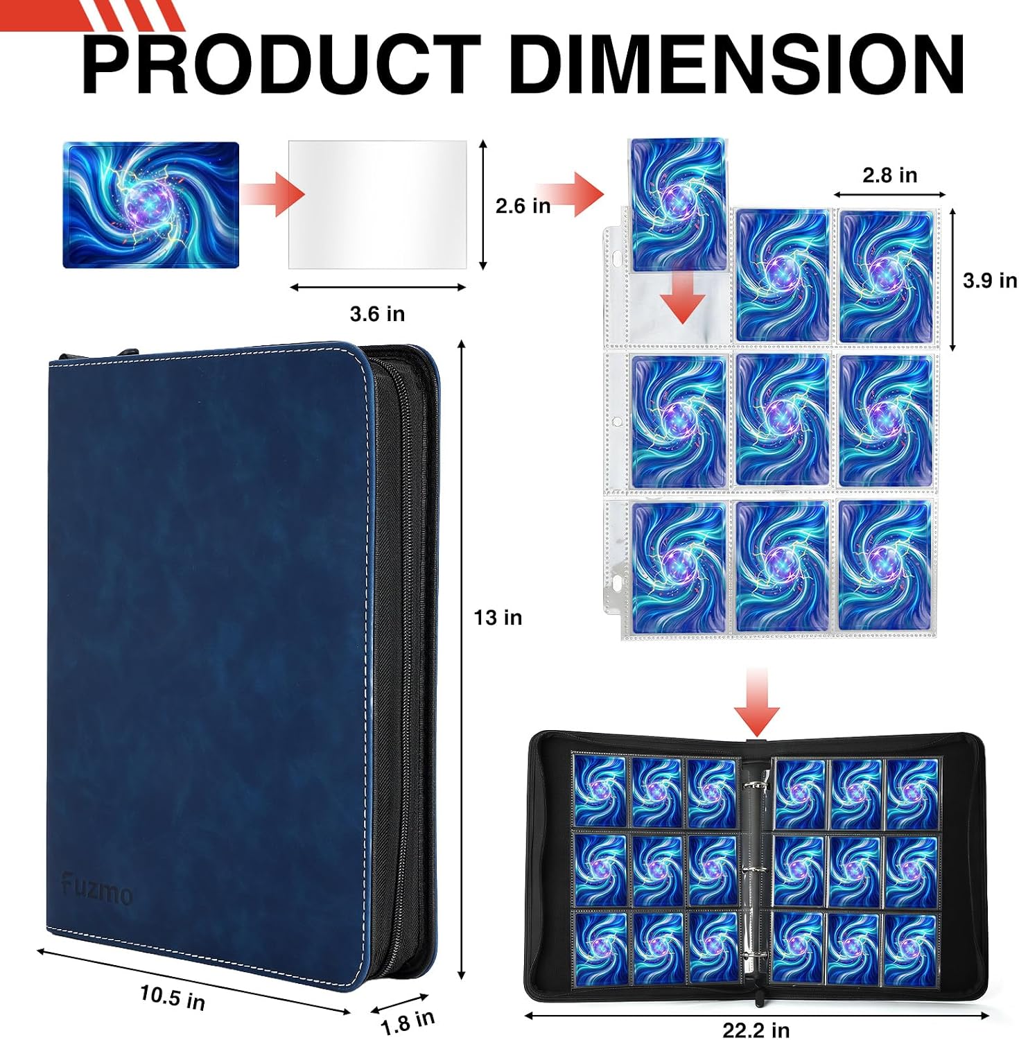 9 Pocket Trading Card Binder, 900 Cards Zip Album, Blue | 50 Pcs Double Sided Sleeves, 3 Rings, Card Collection for
