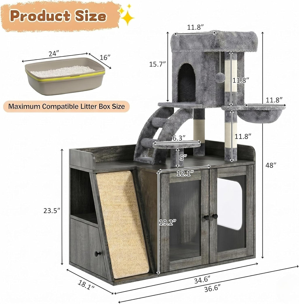 All-in-One Cat Tree with Hidden Litter Box Enclosure, Grey Wooden Cat Tower with LED Light, Sisal Scratching Board