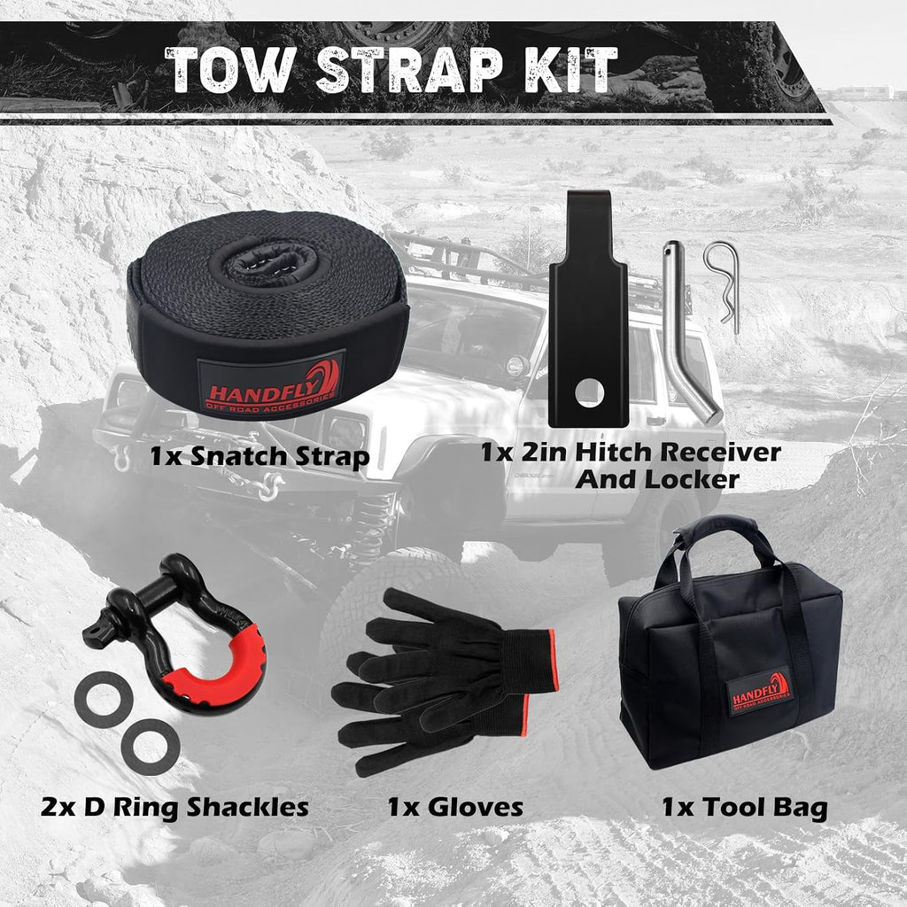 Offroad Recovery Kit, 3" x 30 ft Tow Recovery Strap, 1pcs Hitch Receiver, 2pcs 3/4" D-Ring Shackles with Storage Bag