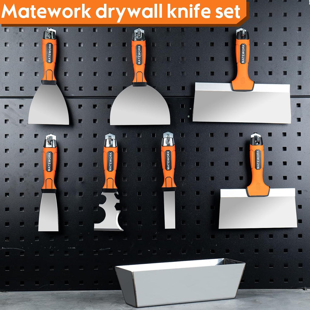 8Pcs Drywall Tools & Putty Knife Set with Hammer End, Mud Pan | 304 Hardened Stainless Steel, Resistant to Rust and