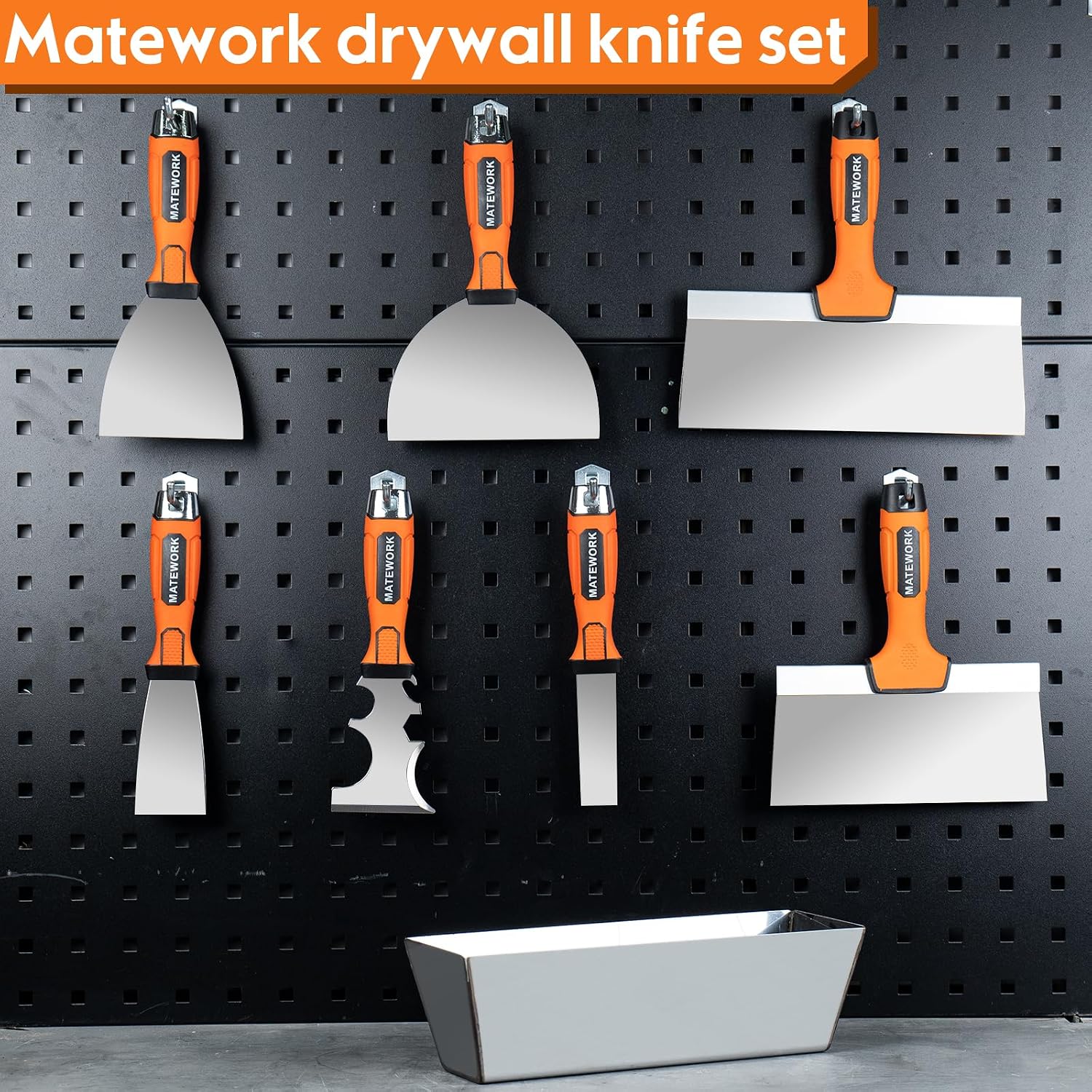 8Pcs Drywall Tools & Putty Knife Set with Hammer End, Mud Pan | 304 Hardened Stainless Steel, Resistant to Rust and
