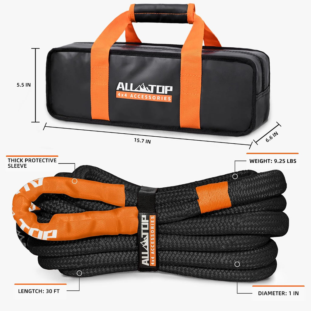 Kinetic Recovery Rope Kit w/ 2 Soft Shackles, 48000Lbs, 1in x 30ft, Heavy Duty 30+% Elasticity, 16000Lbs Work Load Limit