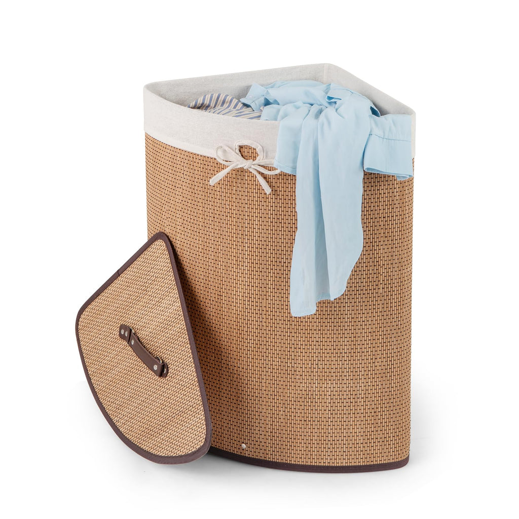 Corner Bamboo Laundry Hamper with Lid and Removable Liner, Bamboo