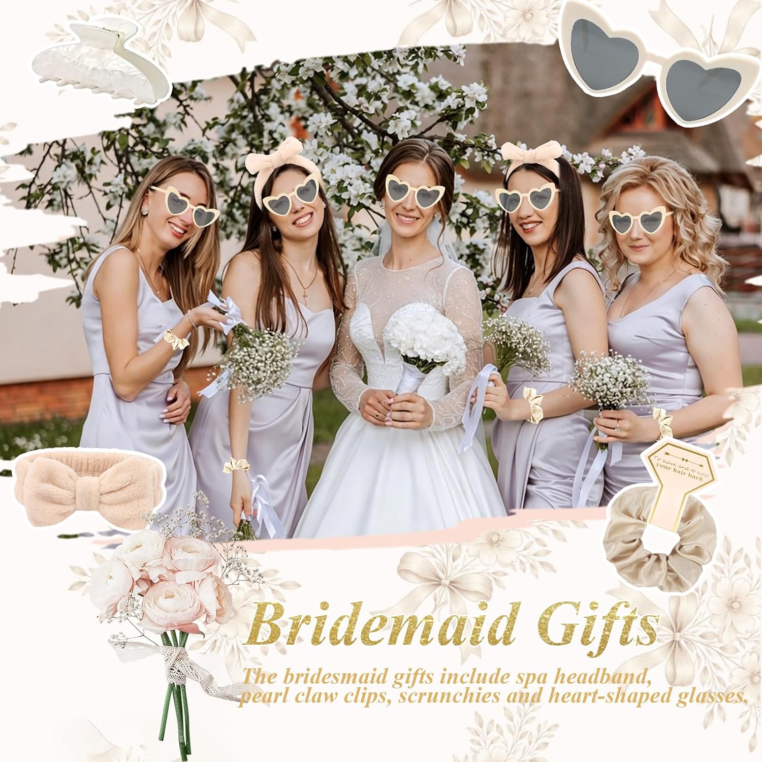 4PCS Bridesmaid Proposal Gifts Satin Hair Scrunchies Heart Sunglasses Spa Headband Acrylic Claw Clips Bachelorette