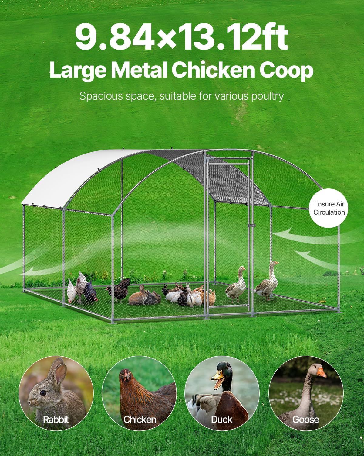 Large Metal Chicken Coop with Run, 13.1 x 9.8 x 6.5 ft Walkin Chicken Coop for Yard with Waterproof Cover, Dome Roof