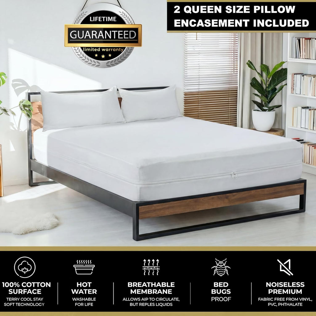 MATTSHIELD Ultimate 3-Piece Kit - Bed Bug-Proof Mattress Cover Full Size 100% Cotton Top + 2 Pillow Protectors with