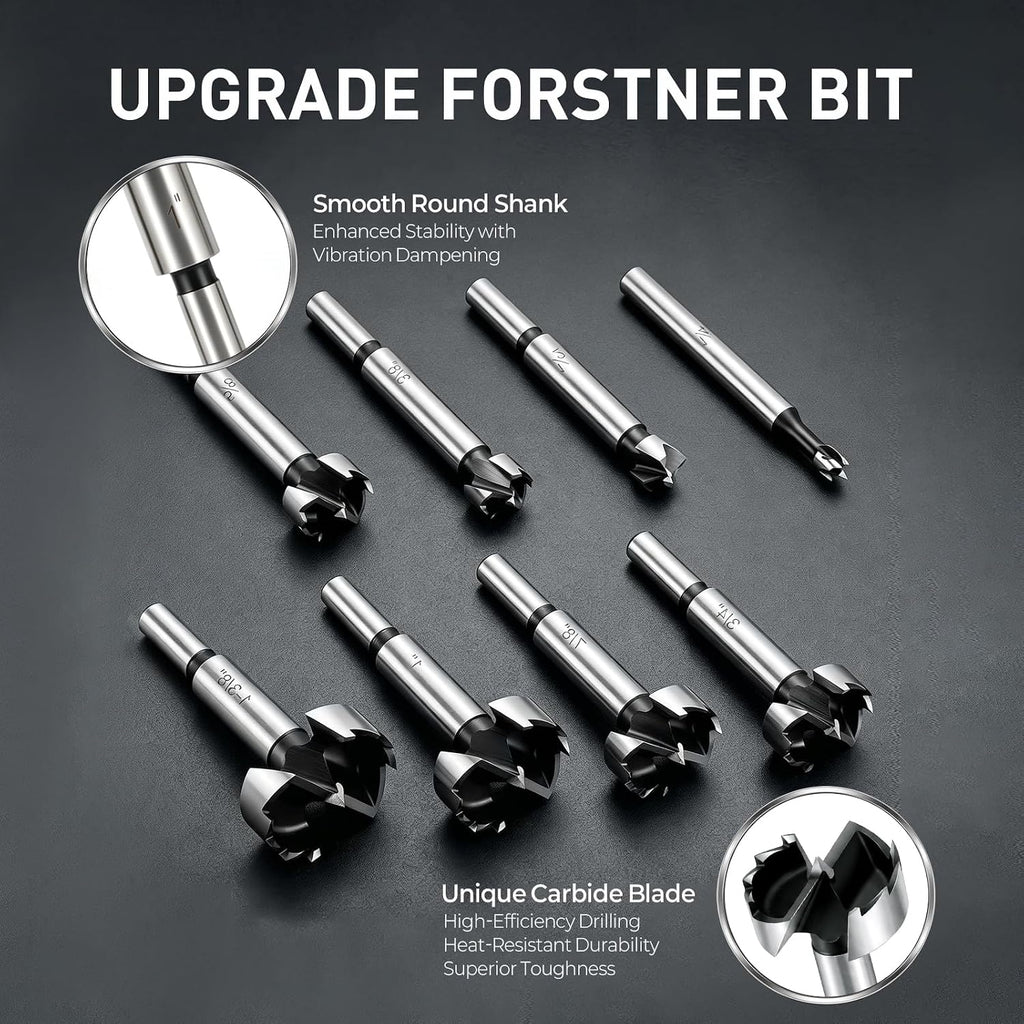 Forstner Bit Set, 8Pcs Wood Drilling Bits for Flat-Bottom Holes