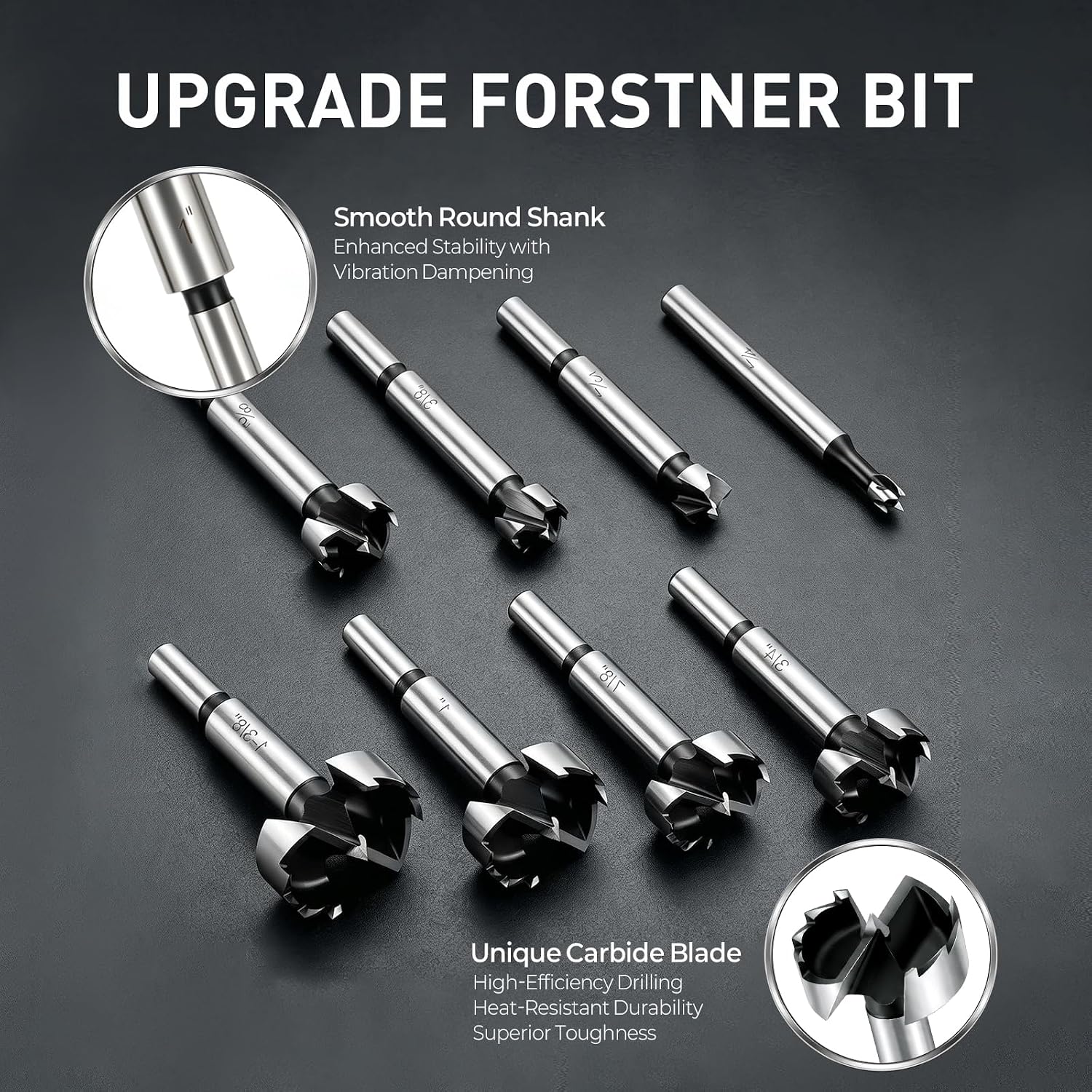 Forstner Bit Set, 8Pcs Wood Drilling Bits for Flat-Bottom Holes