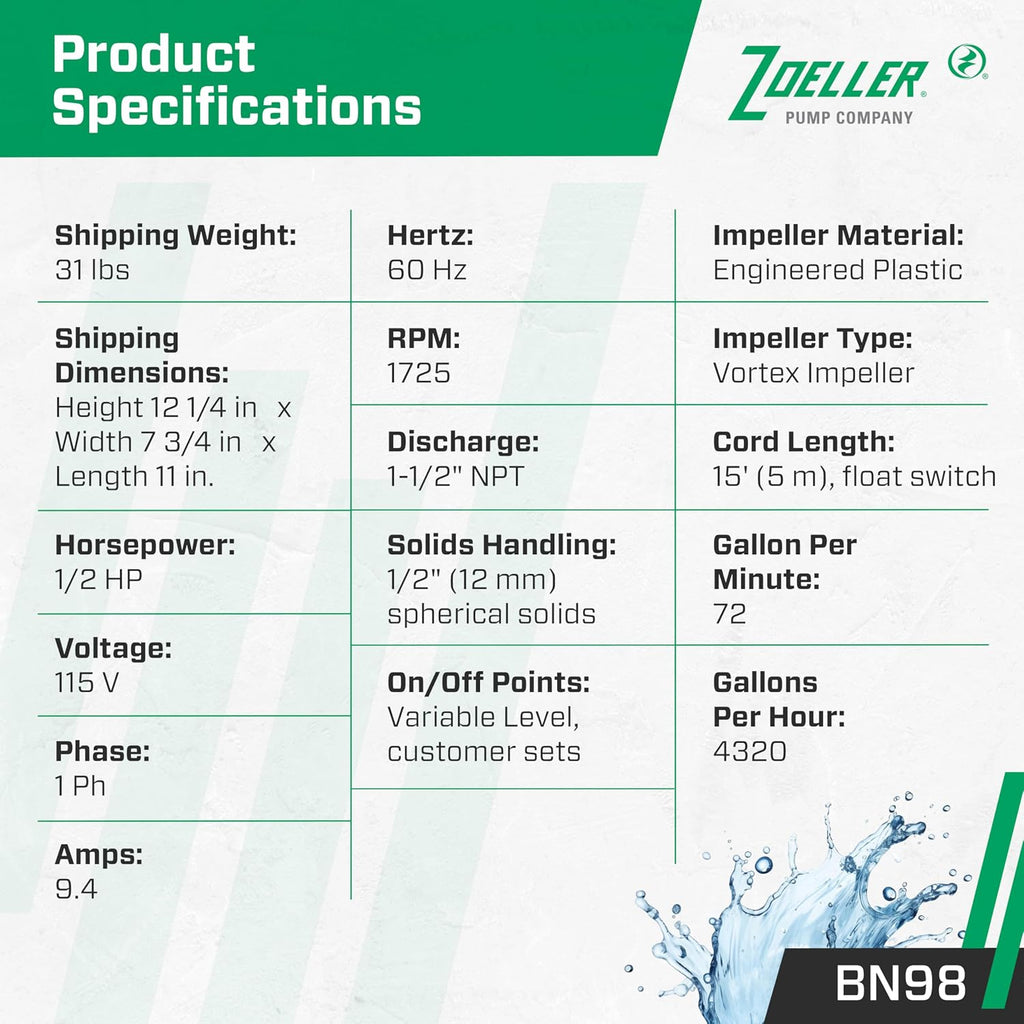 Zoeller BN98 Effluent Pump - ½ HP - Nonautomatic -115V