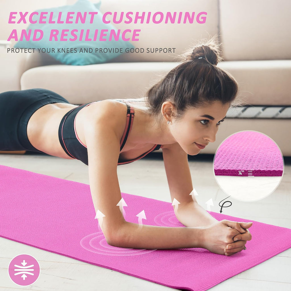 Signature Fitness All Purpose 0.25 Inch Thick High Density No Tear Exercise Yoga Mat with Strap & Lightweight
