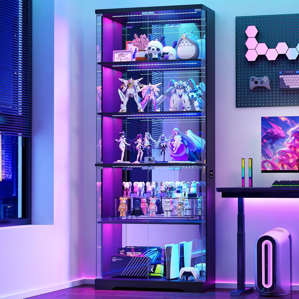 Glass Display Cabinet with Doors and RGB LED Lights | 69" Tall Curio Cabinet, 5-Tier Wooden Shelves, Lockable Display
