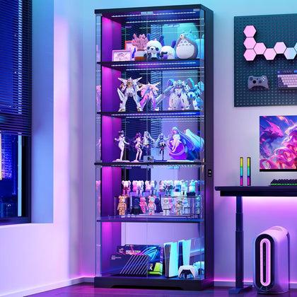 Glass Display Cabinet with Doors and RGB LED Lights | 69" Tall Curio Cabinet, 5-Tier Wooden Shelves, Lockable Display