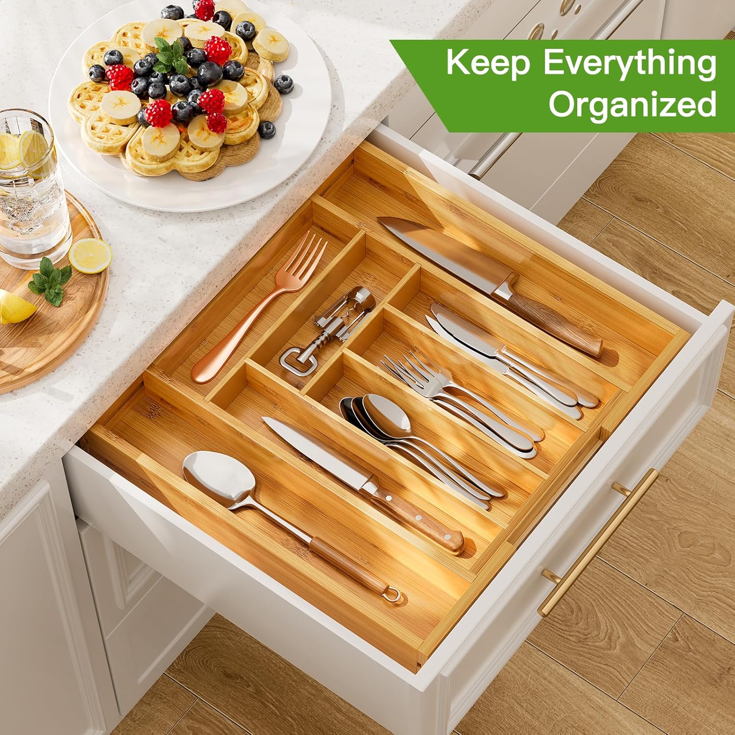 Bamboo Expandable Drawer Organizer for Utensils Holder, Adjustable Cutlery Tray, Wood Drawer Dividers Organizer for