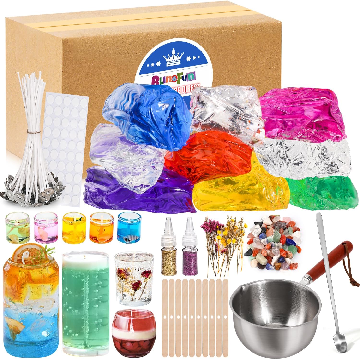 Jelly Candle Making Kit,9pcs Gel Wax -7 Colors Candle Making kit，Includes Wax Wicks Wick Stickers，Wooden Wick Holders