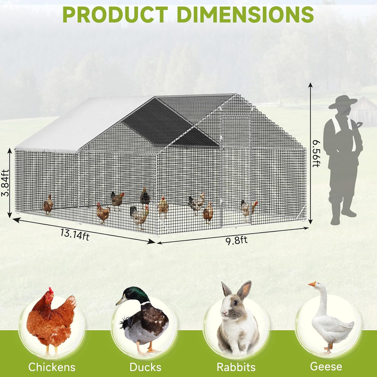 Large Walk-in Chicken Coop with Chicken Run, Galvanized Poultry Enclosure with Waterproof Anti-UV Cover and Security