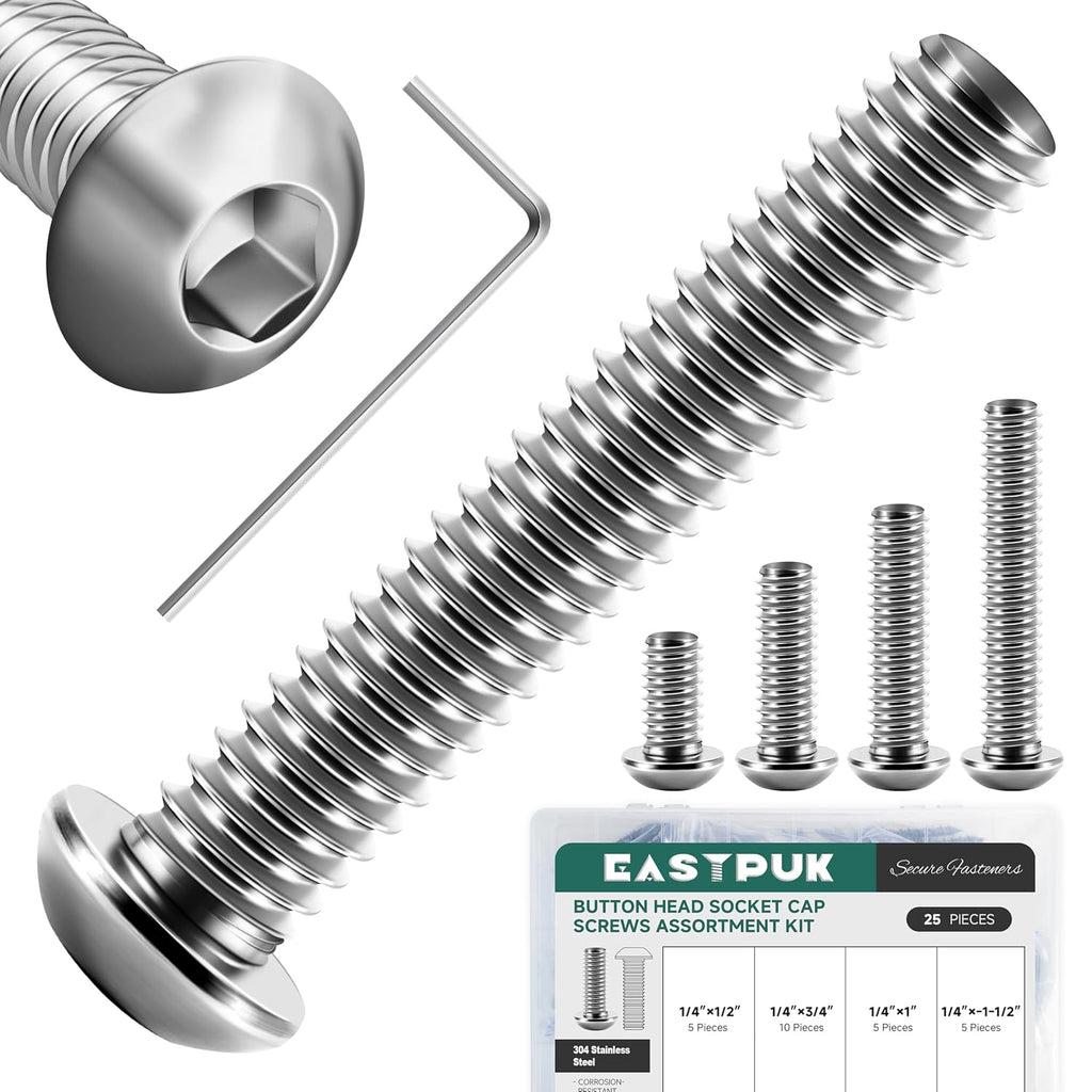 25Pcs 1/4-20" Button Head Socket Cap Bolts Screws Assortment Kit, 304 Stainless Steel 18-8, Bright Finish Fully Machine Thread with Hex Key