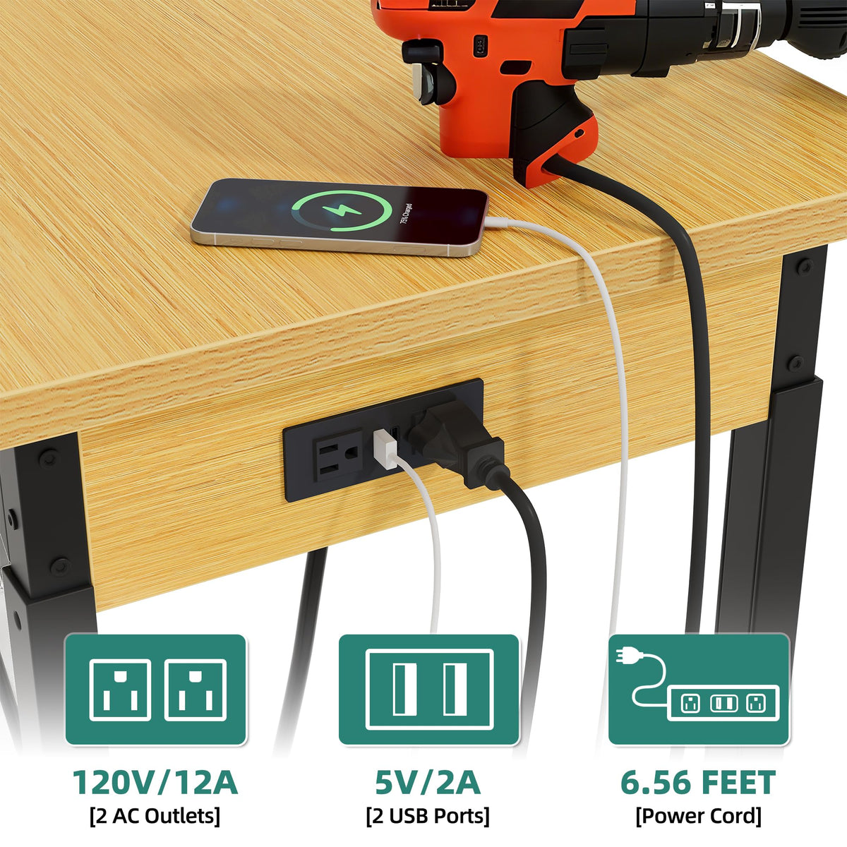 48in Adjustable Workbench with Pegboard & Wheels & Outlets