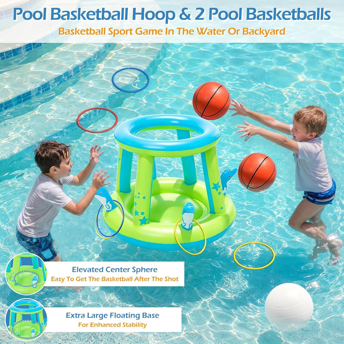 Pool Toys Games Set - 3 in 1 Pool Volleyball Net Basketball Hoop Ring Toss Game Inflatable Floats Water Floating
