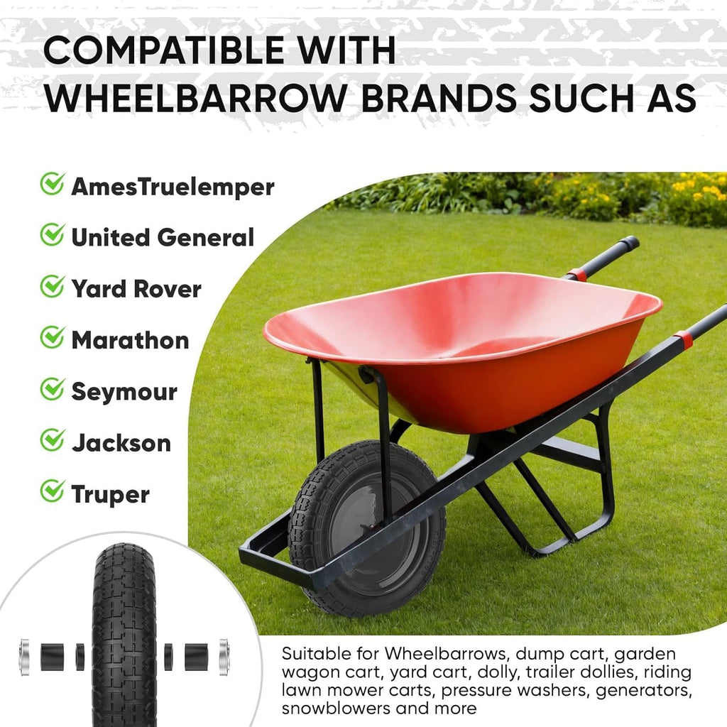4.80/4.00-8 Tire, 14.5" Flat Free Wheelbarrow Tire and Wheel, Solid Replacement Tires with 3" Centered Hub, 5/8" 3/4"