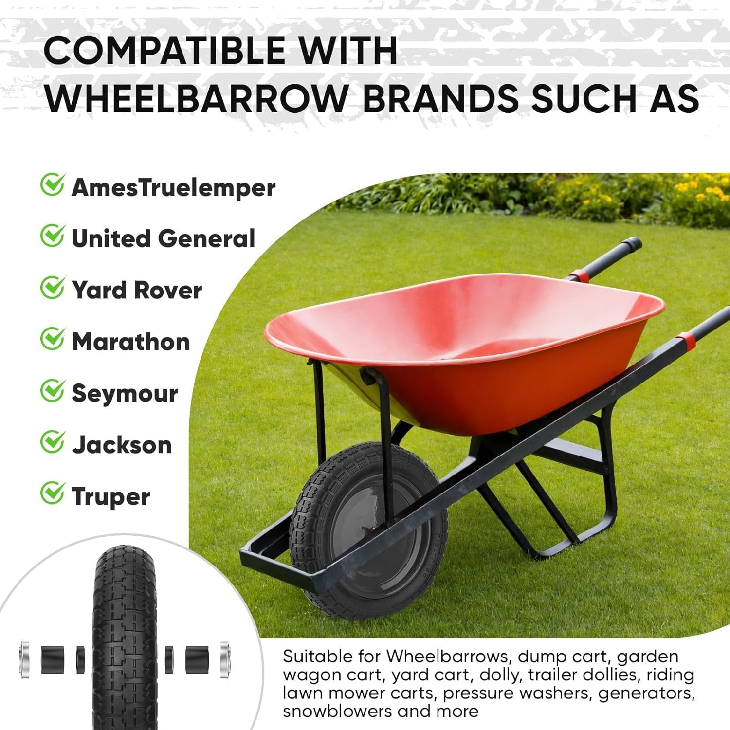 4.80/4.00-8 Tire, 14.5" Flat Free Wheelbarrow Tire and Wheel, Solid Replacement Tires with 3" Centered Hub, 5/8" 3/4"