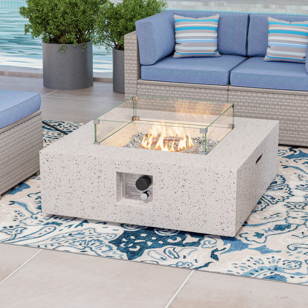35-inch Outdoor Fire Pit Table, Terrazzo White Square Fire Pits
