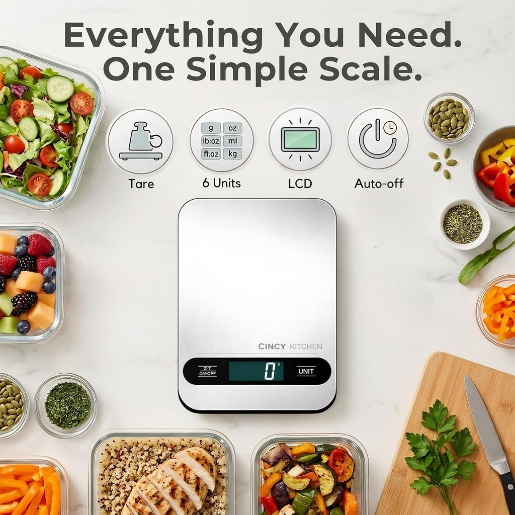 Digital Food Scale, 10kg/22lb Capacity, 1g Precision, 6 Units, Stainless Steel Kitchen Scale with Tare Function