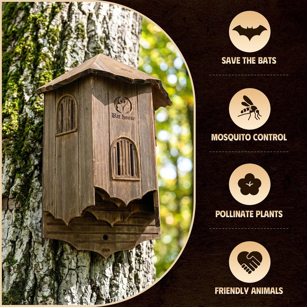 Bat House for Outdoors, Castle 3-Chamber Bat Box, 100-Capacity