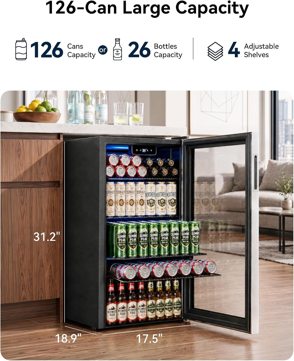 126 Can Beverage Refrigerator, Glass Door Mini Fridge, 3.2 Cu.Ft