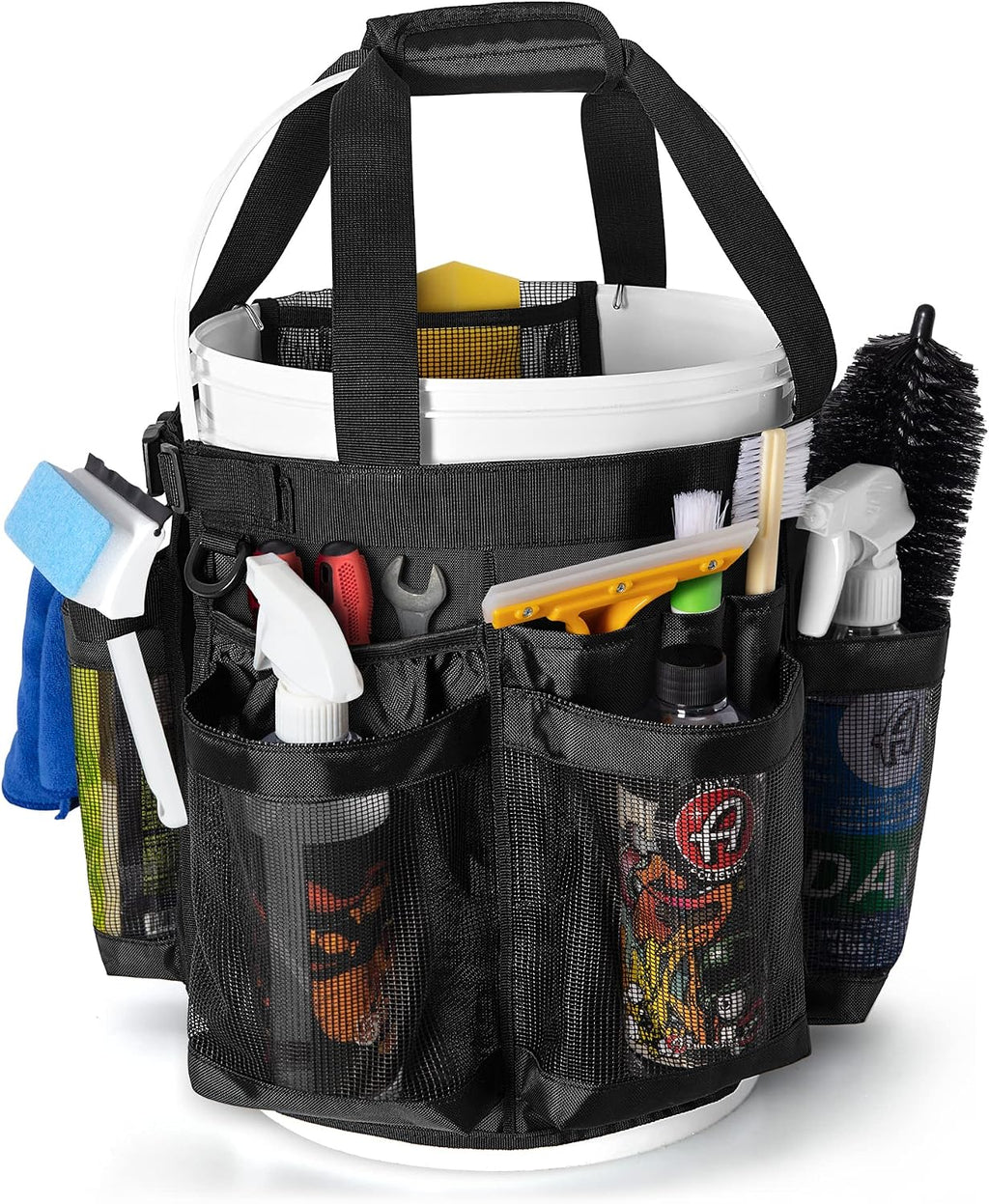 5 Gallon Bucket Organizer with Anti-fall Hooks & Buckle, Car Wash Bucket Caddy with Mesh Pockets, 5 Gallon Cleaning