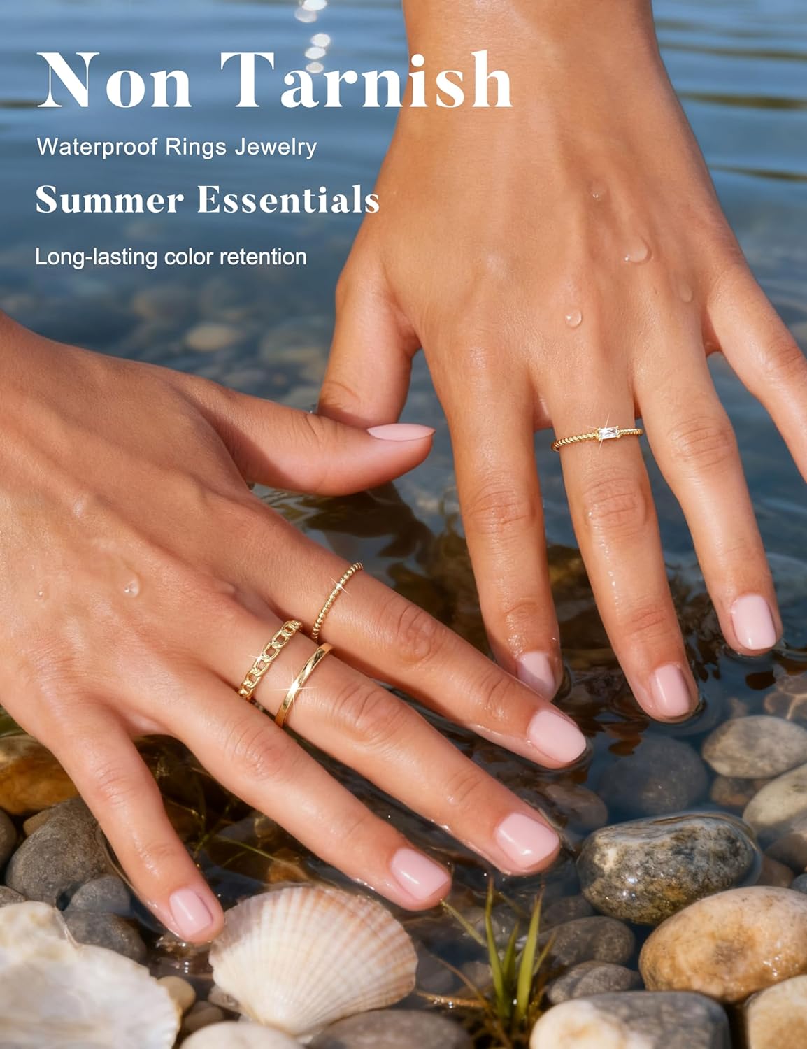 6PCS Stackable Rings for Women Non Tarnish Waterproof Gold Plated Silver Color Square Cubic Zirconia Ring Set Dainty
