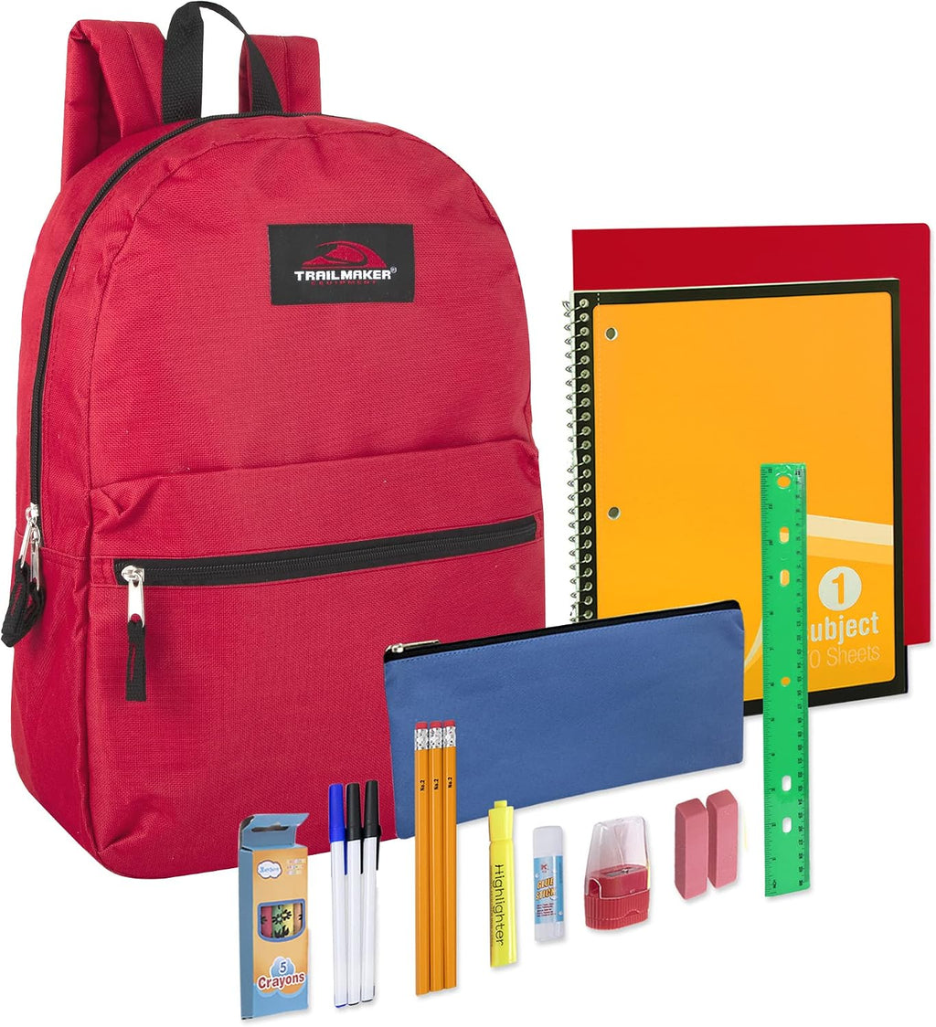 Backpack with School Supplies for Kids - 20 Piece Back to School Supplies with 17" Backpack (Red Pack)
