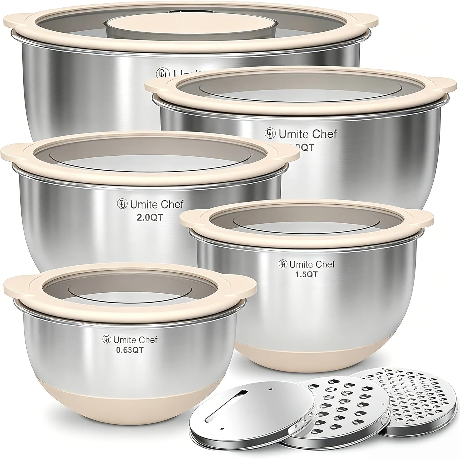 Mixing Bowles Set with Lids Set - Warp-Proof TPR-AS Lids, Stainless Steel Mixing Bowl with 3 Graters & Measuring