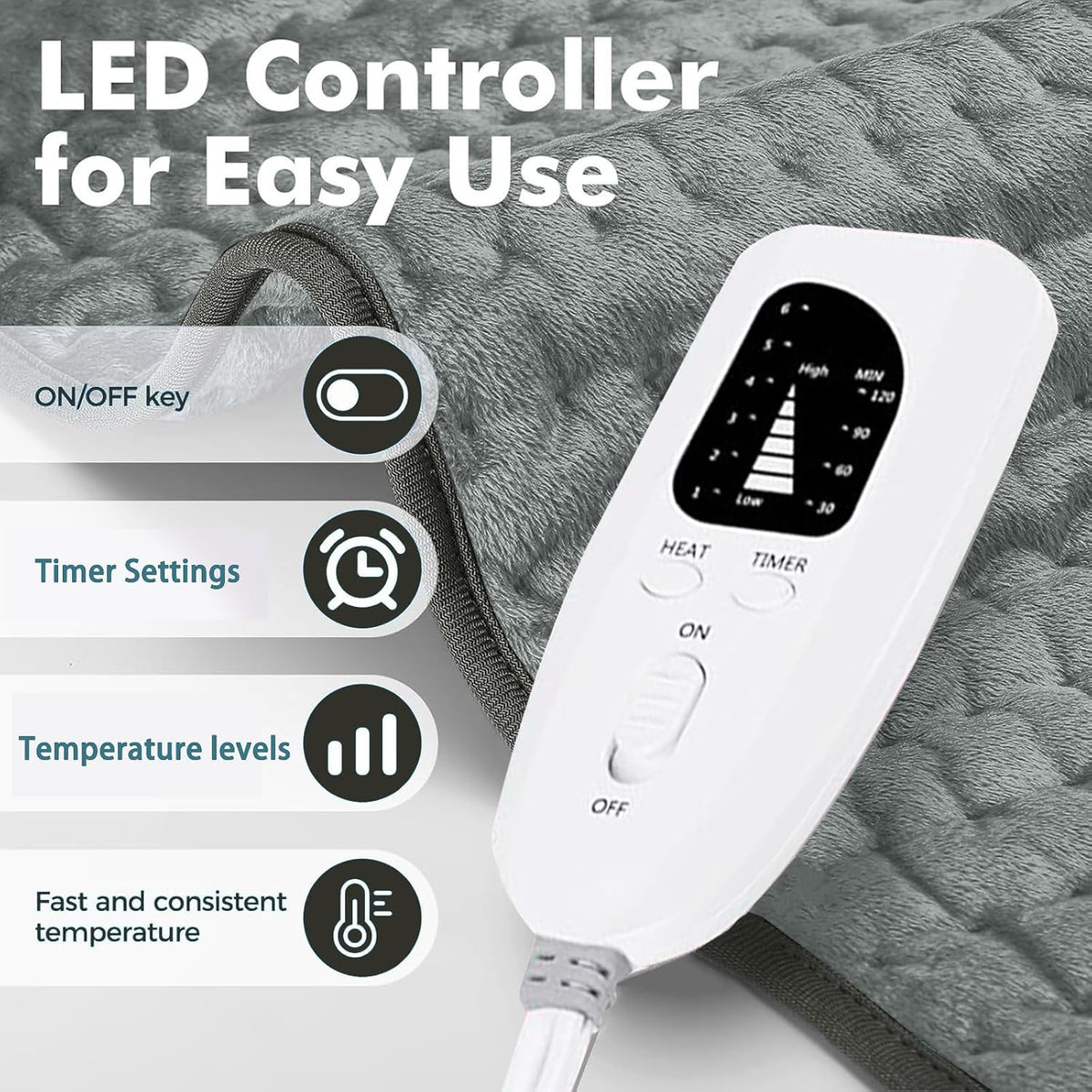 Electric Heating Pad for Back, Neck & Shoulder, 24 x 12 in, 6 Heat Settings