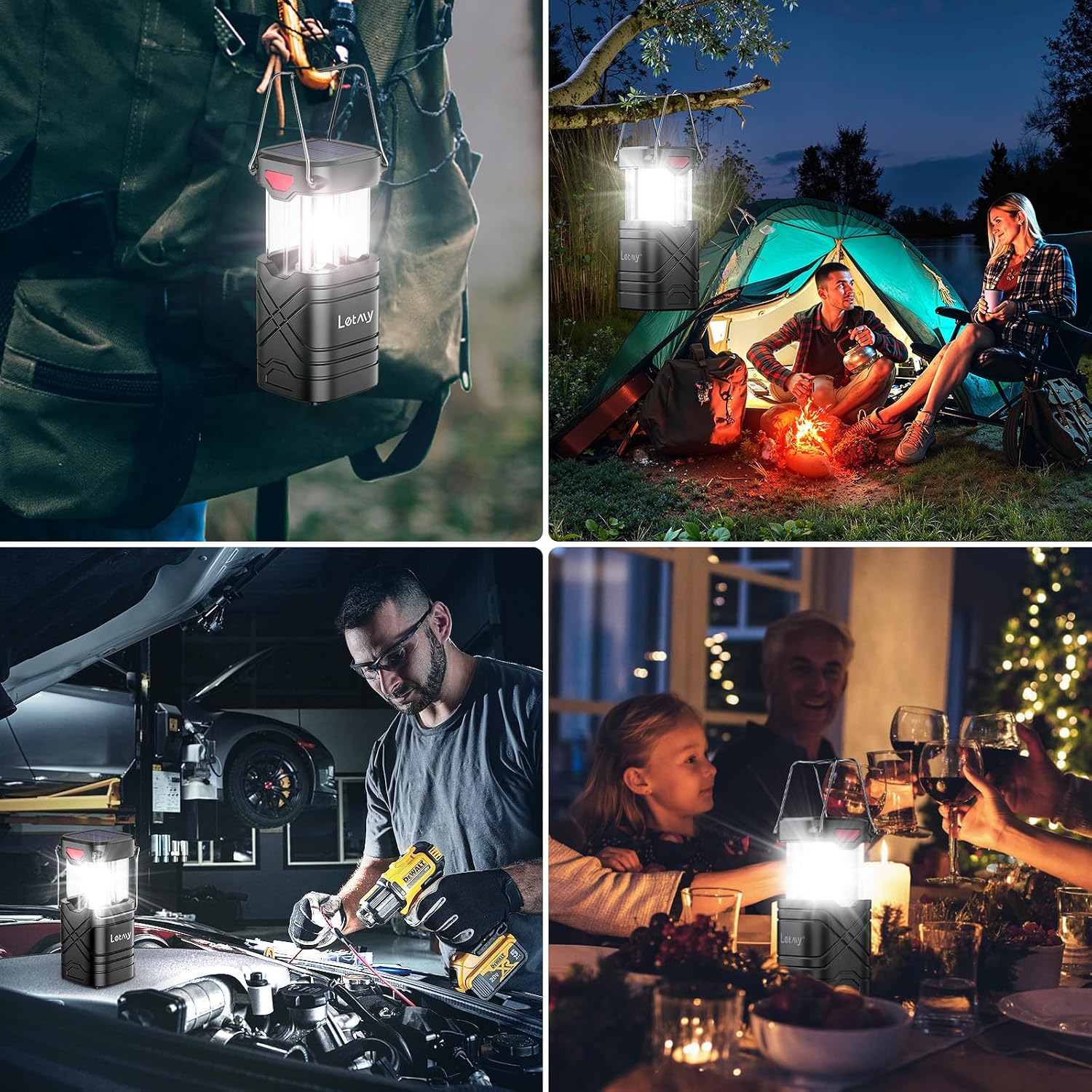 4 Pack Camping Lantern, Rechargeable LED Lanterns, Solar Lantern Battery Powered Hurricane Lanterns Flashlight with 3