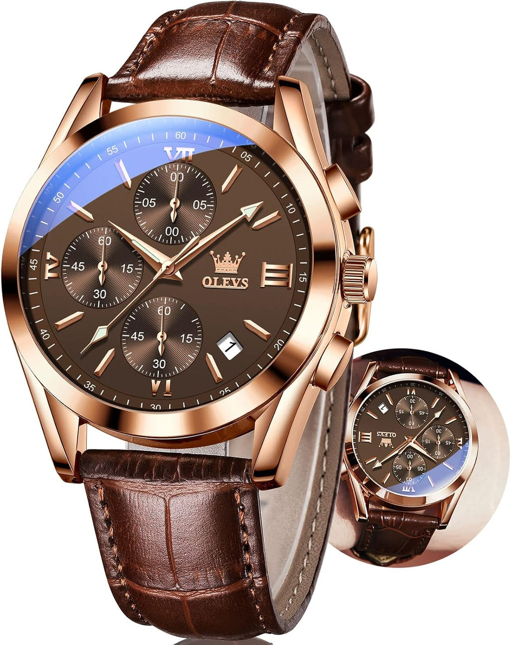 Men's Watches Brown Leather with Date,Casual Watches for Men,Large Face Watches Men,Chronograph Mens Watch,Sport