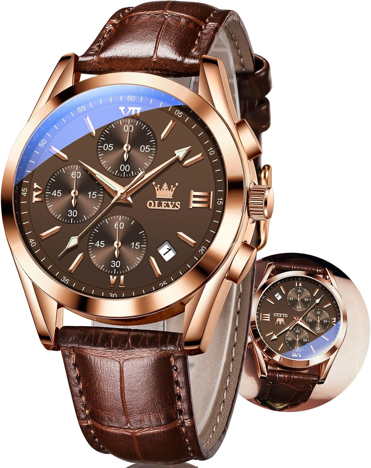 Men's Watches Brown Leather with Date,Casual Watches for Men,Large Face Watches Men,Chronograph Mens Watch,Sport