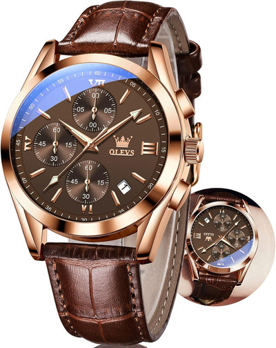 Men's Watches Brown Leather with Date,Casual Watches for Men,Large Face Watches Men,Chronograph Mens Watch,Sport