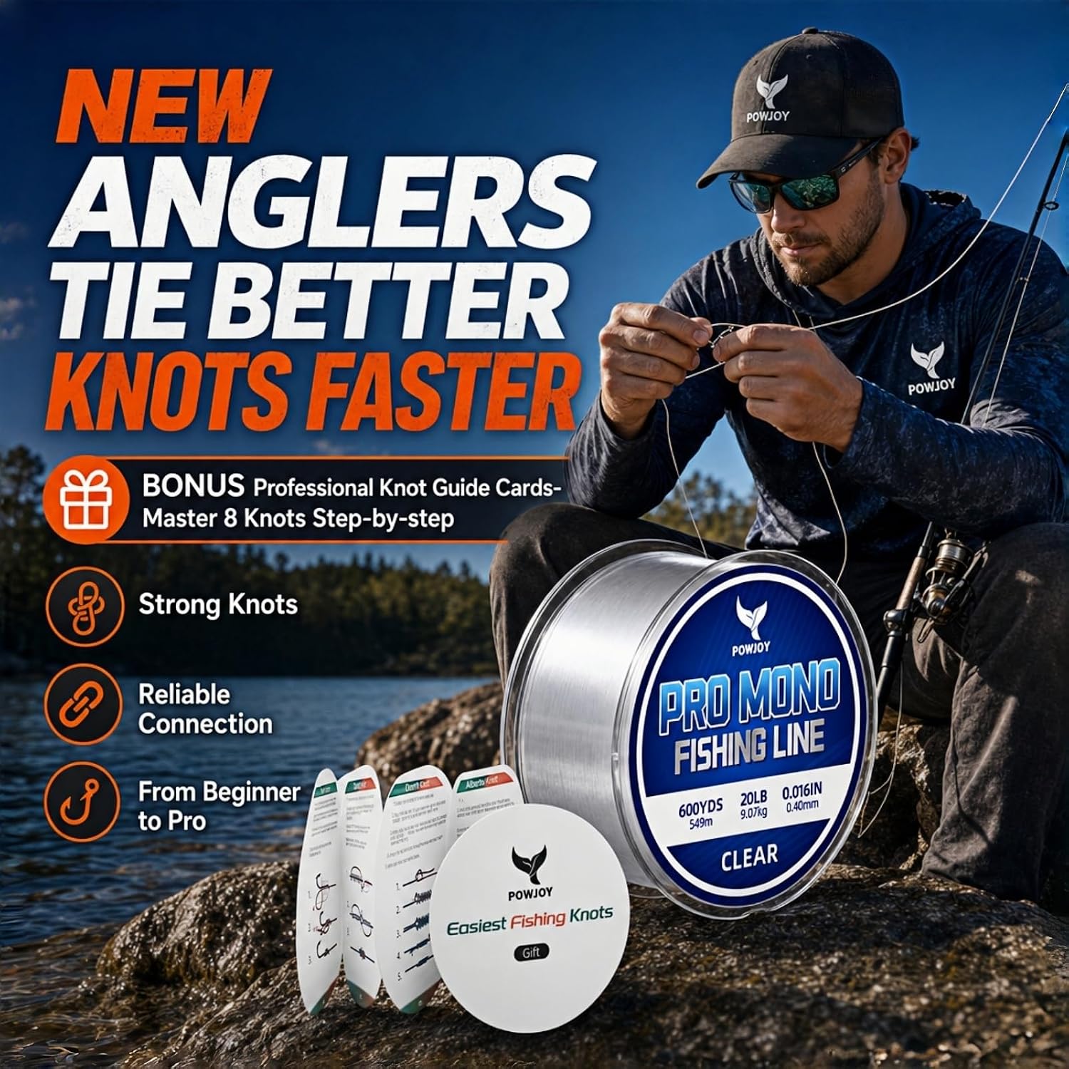 Monofilament Fishing Line with Knot Guide Cards for Beginners to Pro | Low Memory Smooth Casting String Tangle-Free
