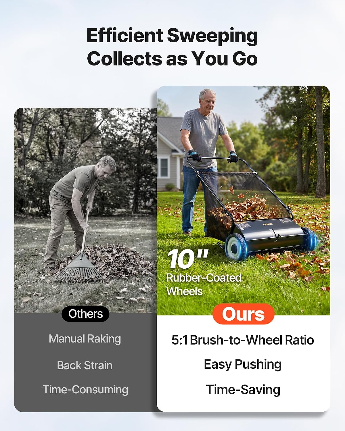Push Lawn Sweeper 26 Inch Leaf & Grass Collector Strong Rubber Wheels