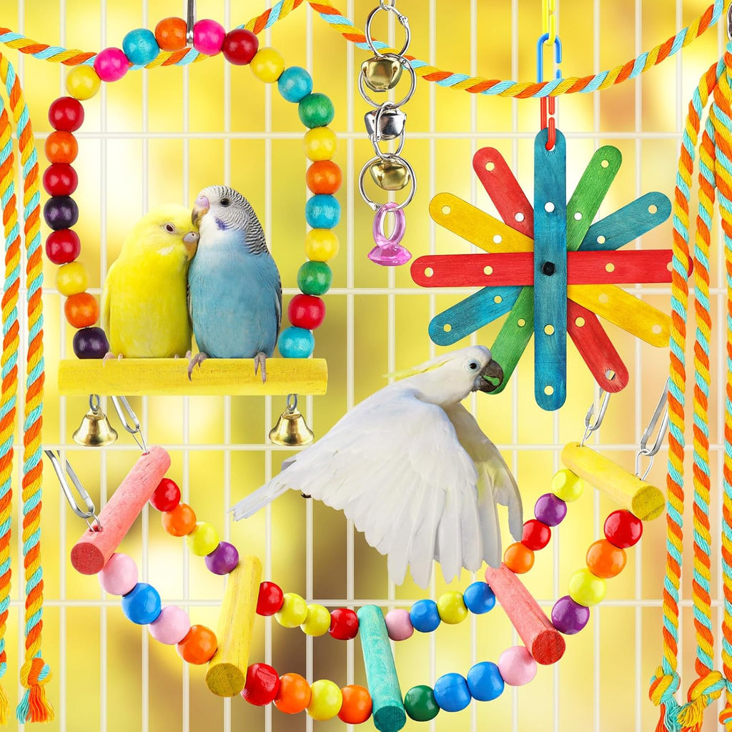8 pcs Bird Toys for Parakeets with Colorful Ladder Hammock Bird Cage Accessories Bird Perch Stand Chewing Toys
