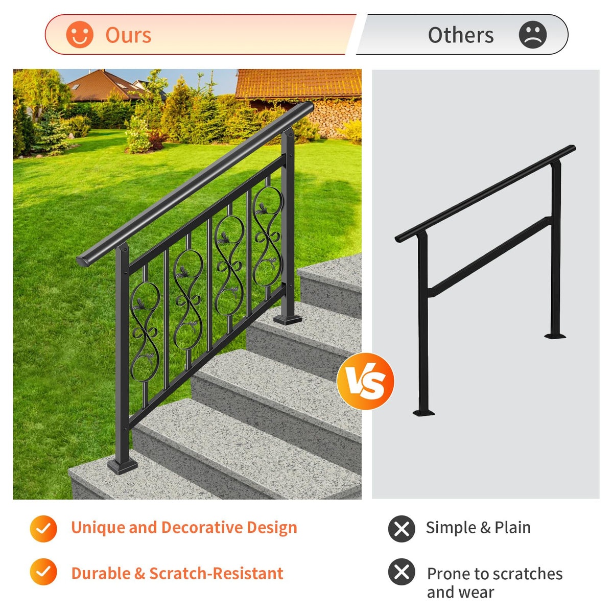 Adjustable Unique Design Handrails for Outdoor Steps, Black
