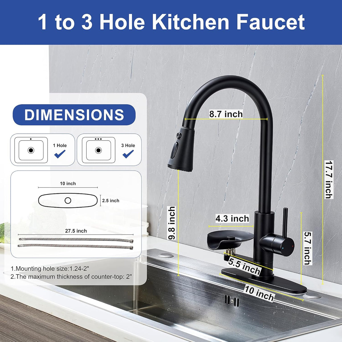 Kitchen Faucet with Cup Washer Single Handle Pull Down Kitchen Sink Faucet with Glass Rinser Matte Black Pull Sink