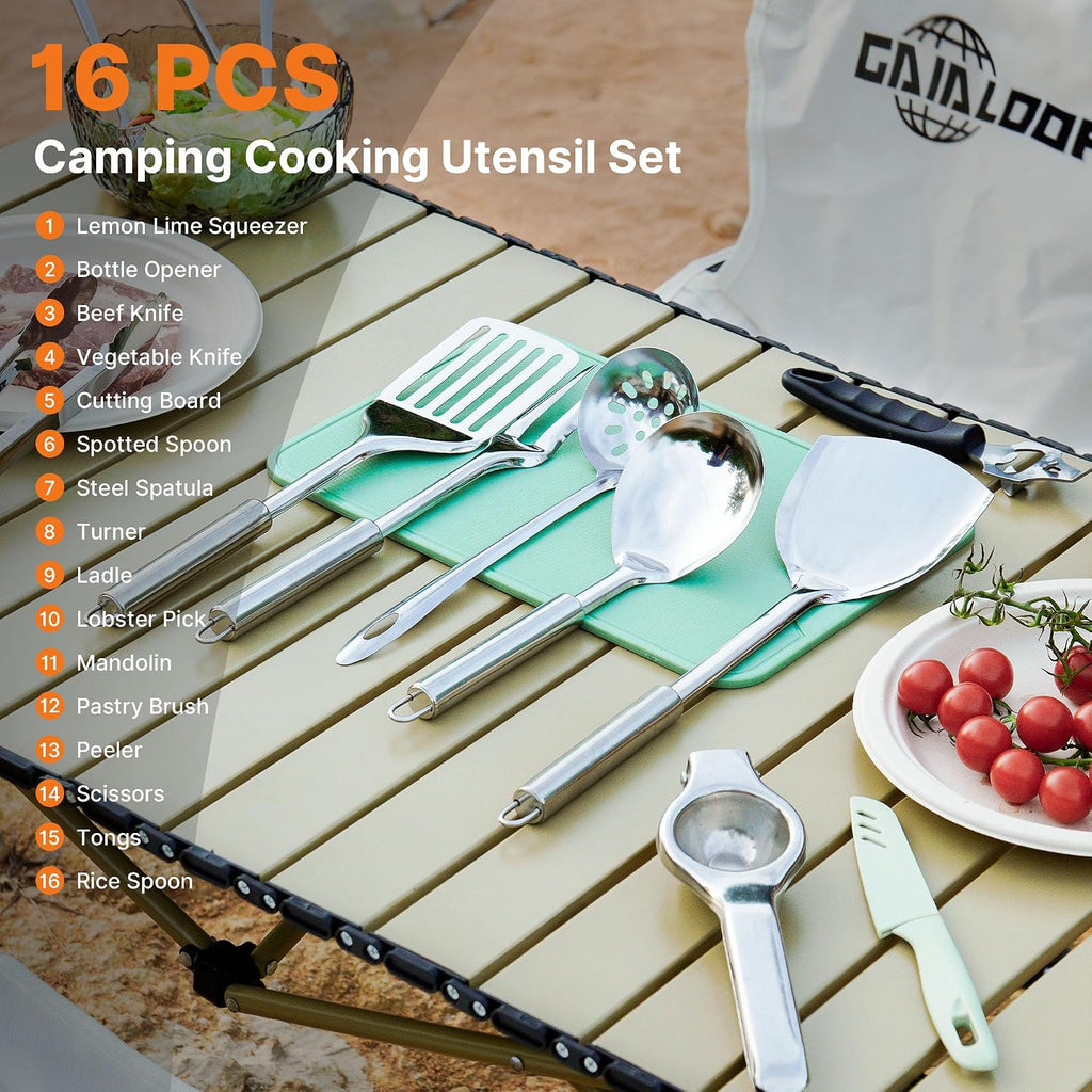Portable Camping Cooking Utensils Set, Camp Kitchen Set with Organizer Bag, RV Essentials Outdoor Cooking Utensil Kit