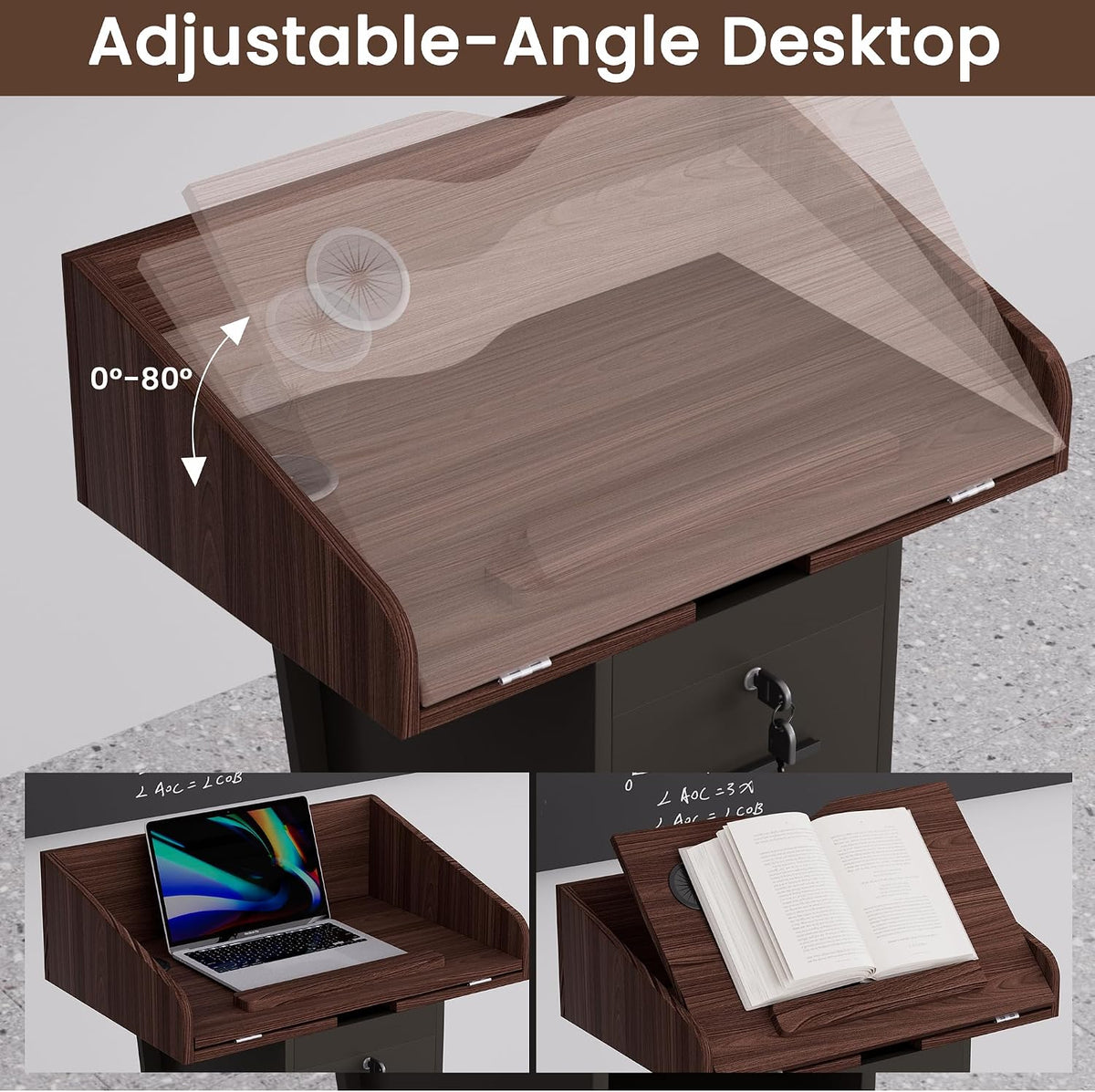 Podium Stand with Adjustable-Angle Tabletop, Wheels & Lockable Drawer