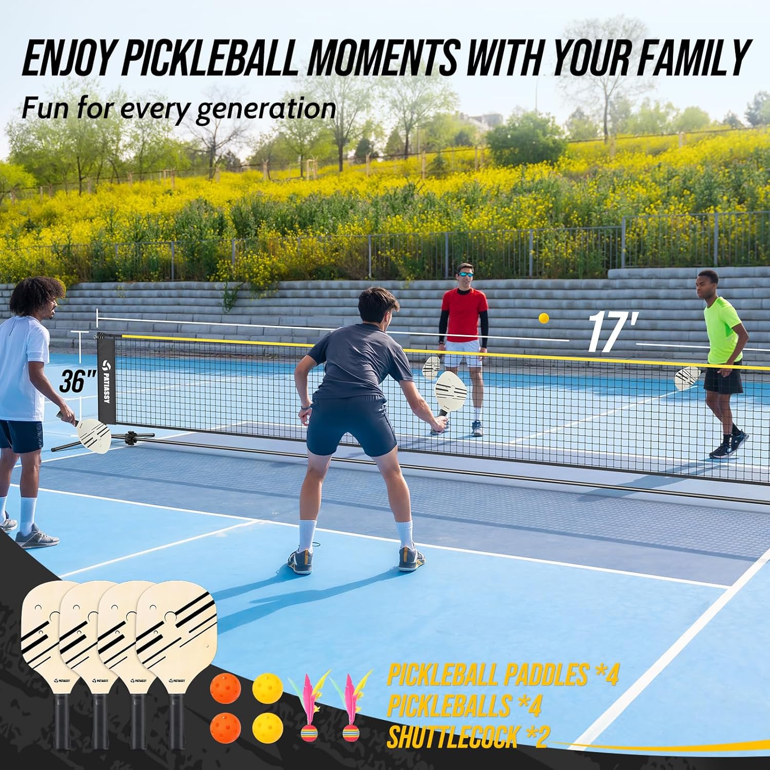 3-in-1 Badminton Volleyball Pickleball Net Set Adjustable Height | Backyard Outdoor Games, 17FT Portable Net, Height