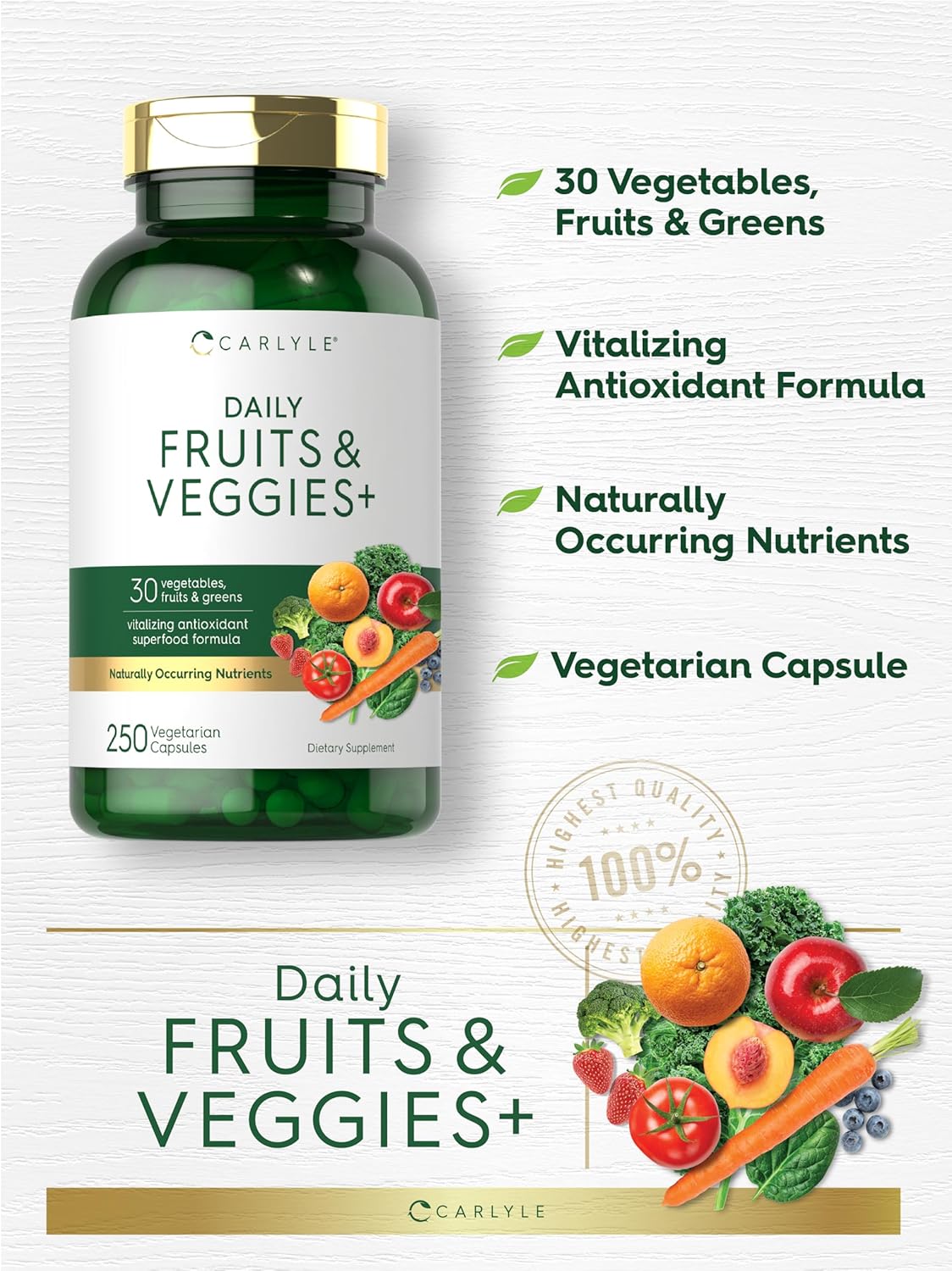 Fruits and Veggies Supplement | 250 Capsules | Made with 30 Fruits and Vegetables | Vegetarian, Non-GMO, Gluten Free