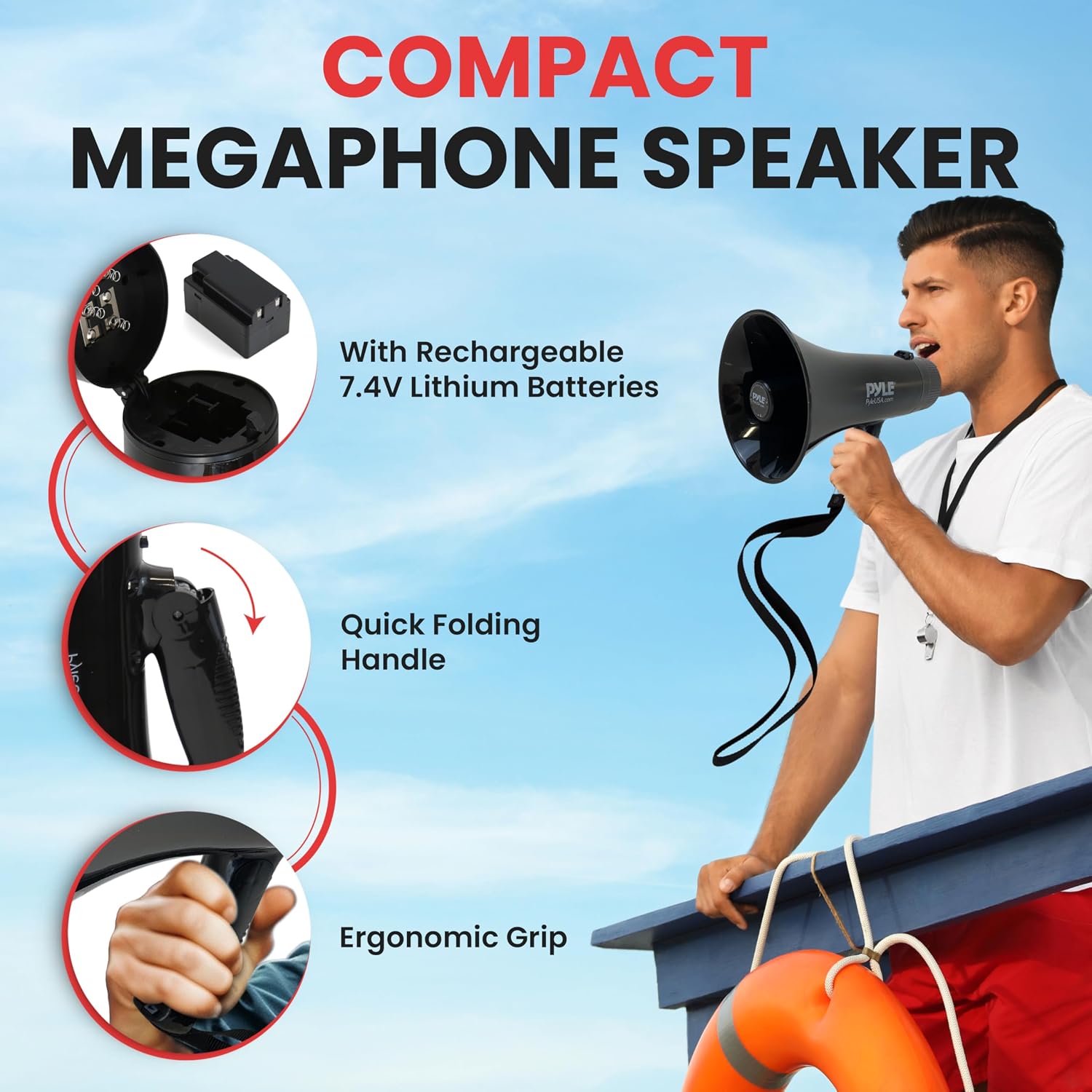 40W Megaphone Bullhorn with 1400-Yard Range, Built-in Siren & Adjustable Volume, Ergonomic Pistol Grip, Detachable