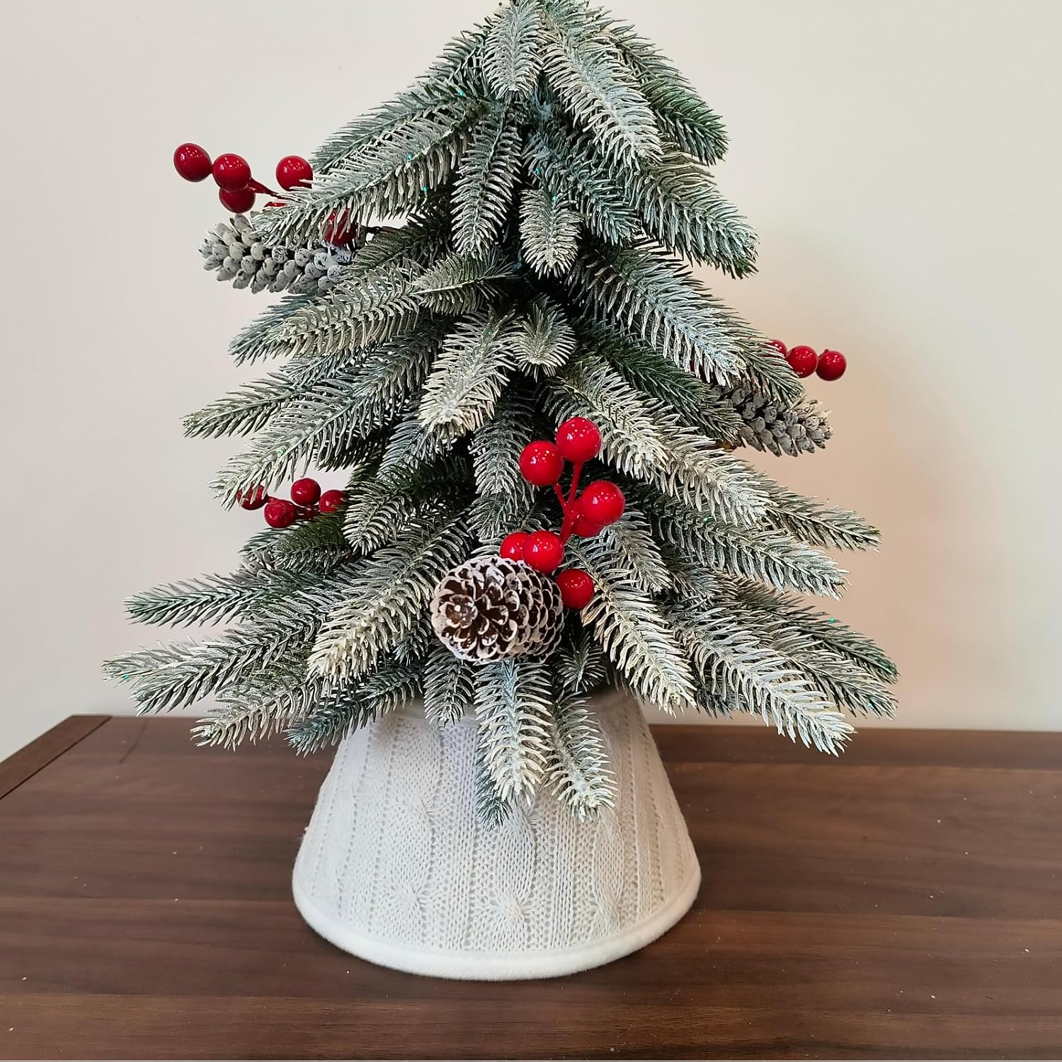 7.5 Inch Knitted Christmas Tree Collar, Rustic Mini Tree Skirt Base Cover for Small Tabletop Trees, Holiday Home